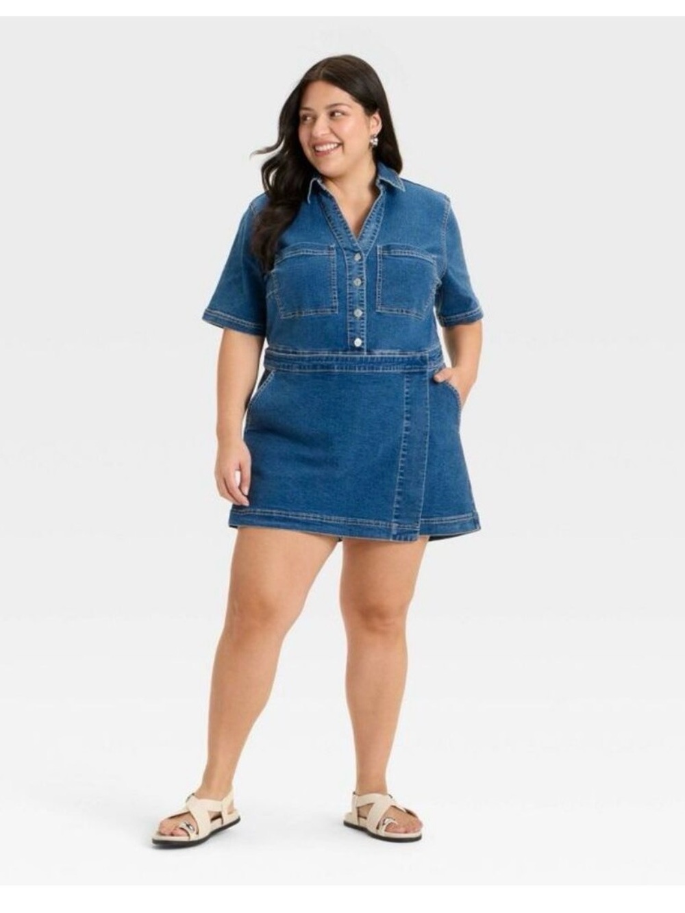 Ava & Viv Blue Denim Mini Shirt Dress - Picture 2 of 7